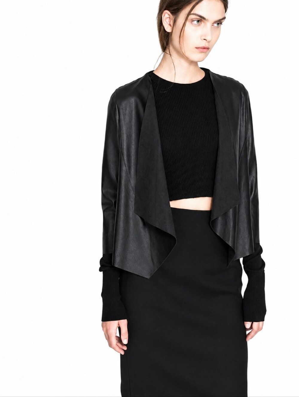 ZARA Black Draped Faux Leather Waterfall Blazer Sz M Moto Style Edgy Minimalist